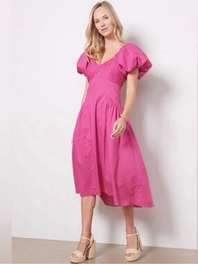 FRAME Puff-sleeve Textured Midi Dress V-neck A-line High Low Flounce Hem Small